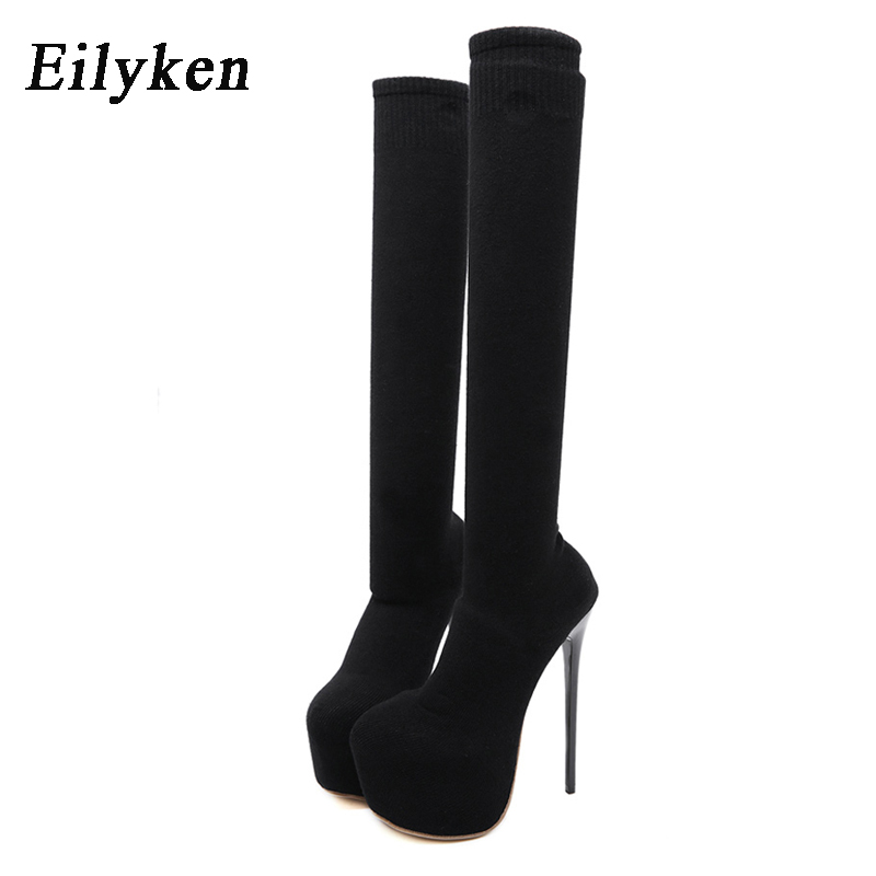 Knee High Sock Women - Eilyken 17 ซม.รองเท้าส้นสูงผู้หญิงกว่าเข่าฤดูหนาว BOOT ผู้หญิงสีดําถักรอบ Toe