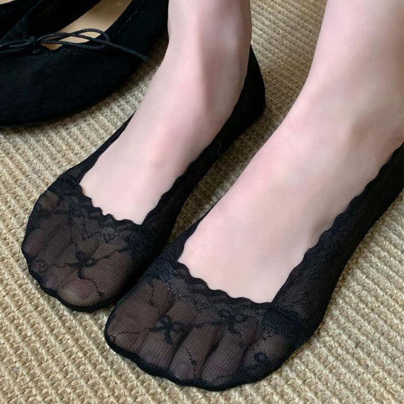 Invisibility Sock Loafer - ถุงเท้าข้อสั้นแบบมีโบว์ลูกไม้สำหรับผู้หญิง ถุงเท้าแบบซ่อนในรองเท้าโลฟเฟอร์ รองเท้าบัลเล่ต์ ผ้าฝ้ายผสมโพลีเอสเตอร์และสแปนเด็กซ์เนื้อนุ่ม