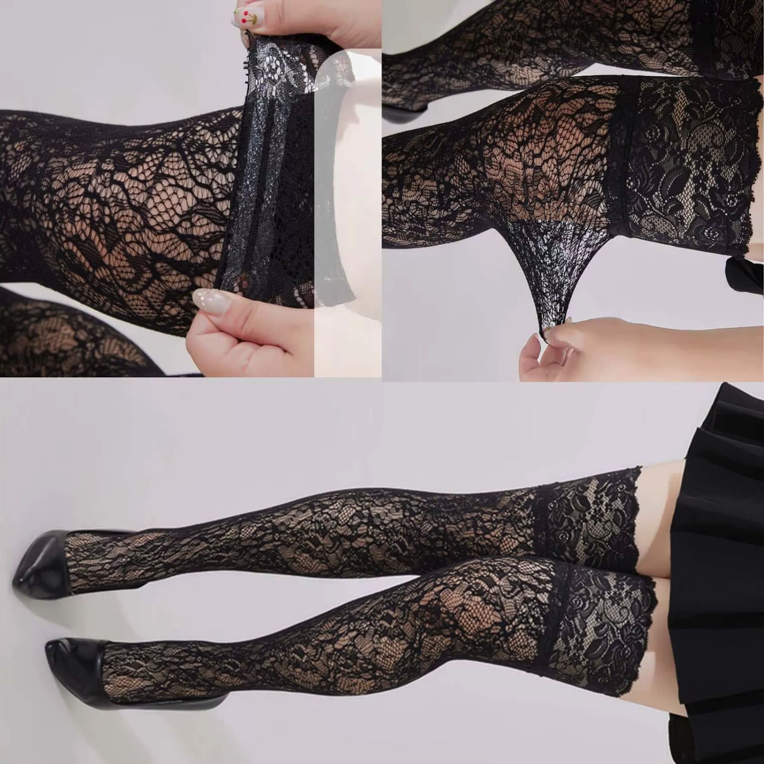 Knee High Sock Women - ถุงน่องตาข่ายเซ็กซี่สำหรับผู้หญิงไซส์ใหญ่ ถุงน่องยาวเหนือเข่าแบบลูกไม้ตาข่ายกันลื่น โปร่งแสง สำหรับคอสเพลย์สาวโลลิต้า สีดำ สไตล์กอธิคพังก์