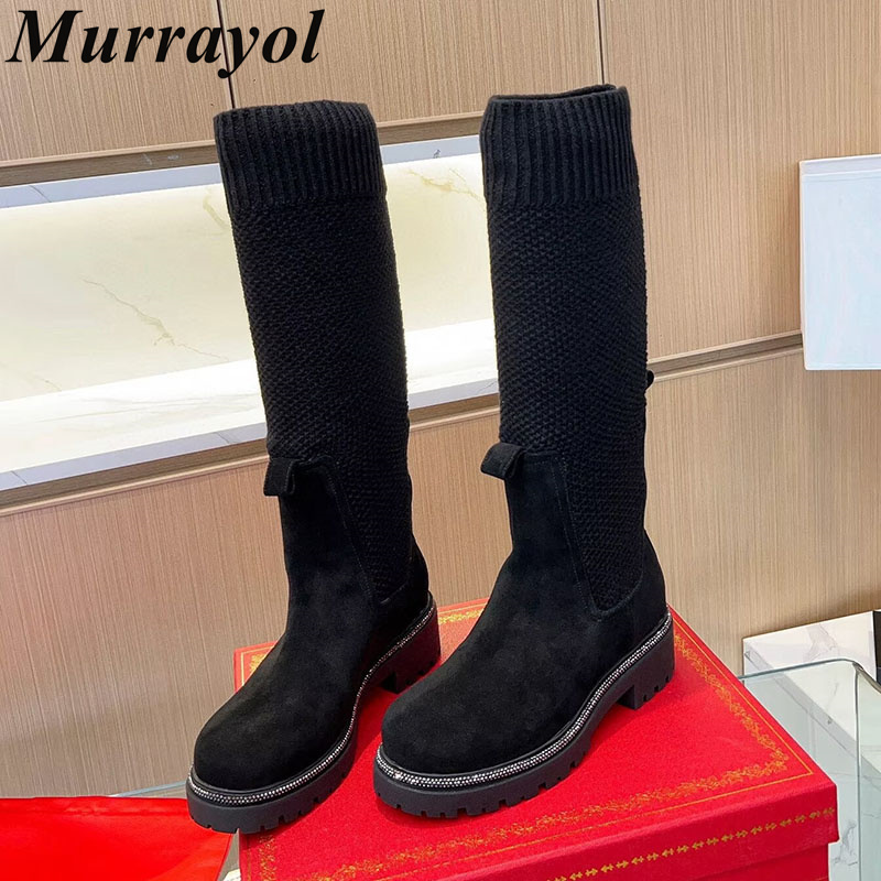 Knee High Sock Women - รองเท้าบูทสูงถึงเข่า สำหรับฤดูใบไม้ร่วงและฤดูหนาว ทำจากหนังกลับ พื้นหนาแบบแบน รองเท้าบูททรงถุงเท้าสำหรับผู้หญิง หัวกลม